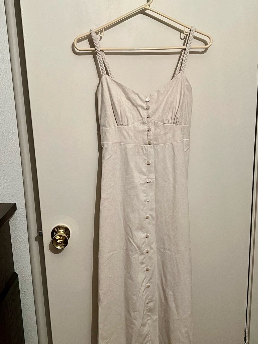 Women’s Linen Blend Button-Front Maxi Dress with Braided Straps